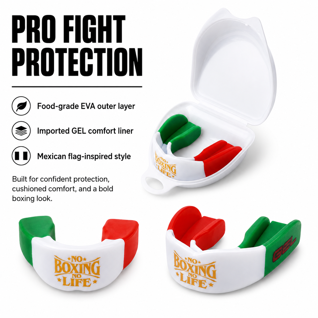 NO BOXING NO LIFE Mexican Flag Double-Layer GEL Boxing Mouthguard