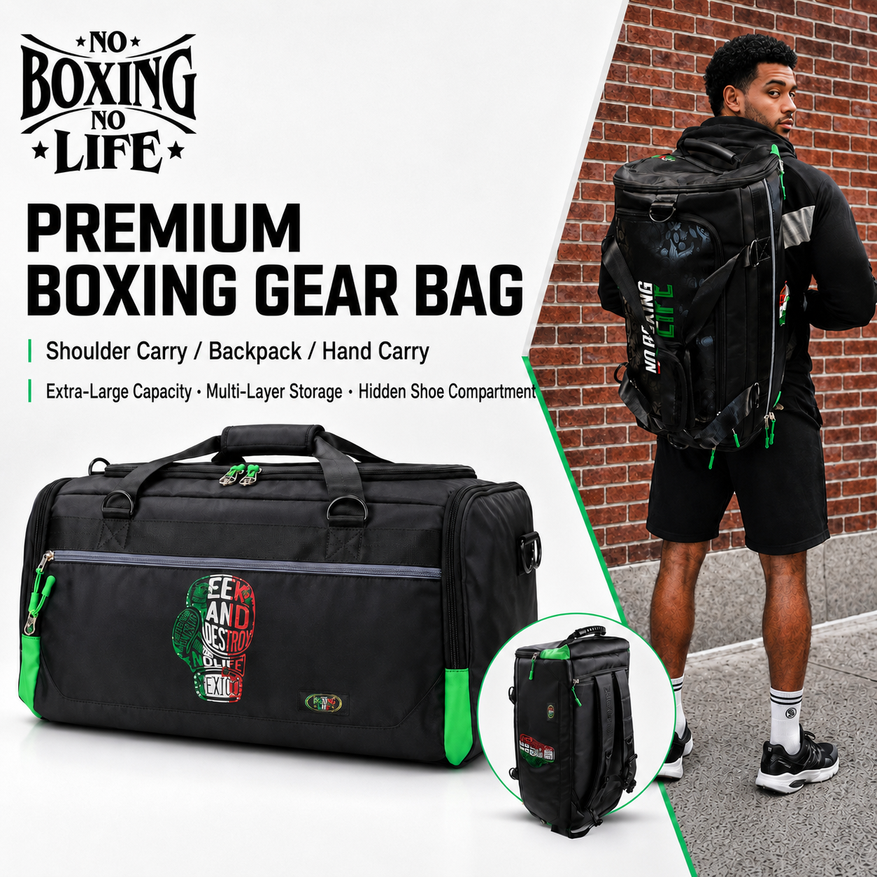 NO BOXING NO LIFE Convertible Boxing Gym Bag